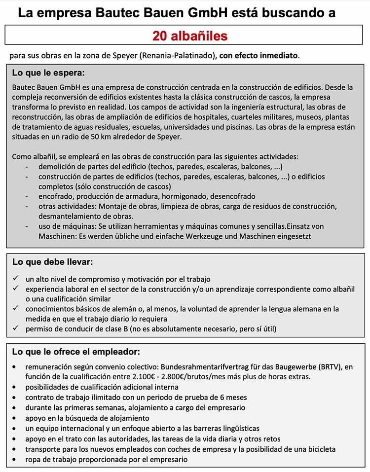 Oferta de trabajo para albañiles en Alemania